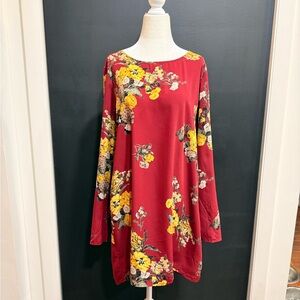 My Story Red Floral Long-Sleeve Swing Dress with Yellow Accents